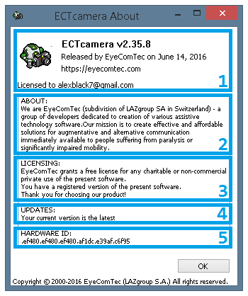 An updated About window of the ECTcamera program