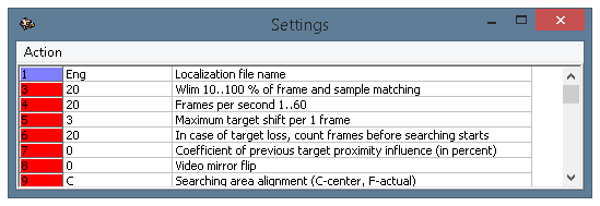 The settings window, parameters 1-9