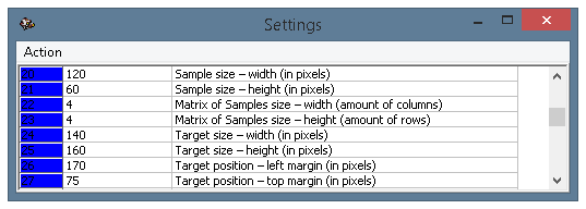 The settings window, parameters 20-27