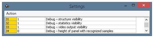 The settings window, parameters 31-34