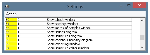 The settings window, parameters 60-67