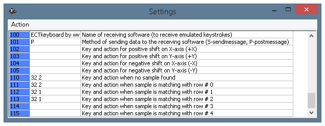 The settings window, parameters 100-115