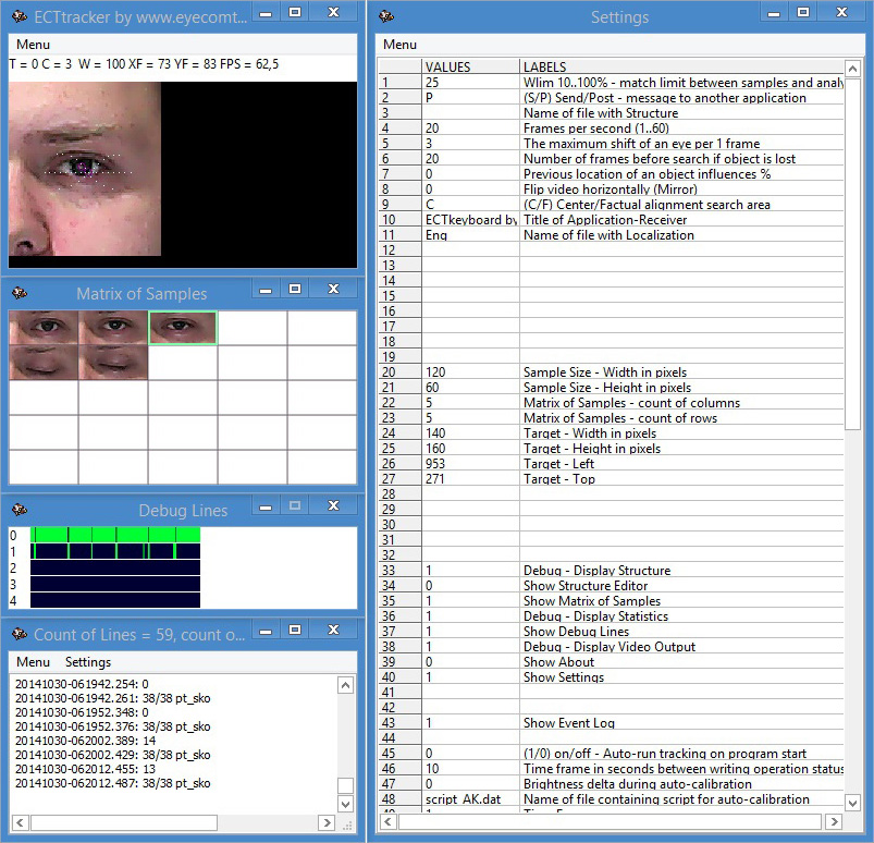 ECTtracker interface, debugging window and settings panel