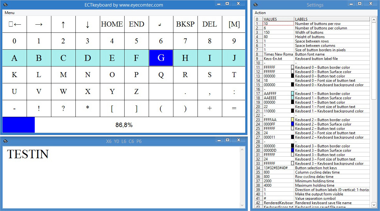 ECTkeyboard interface, text output form and settings panel