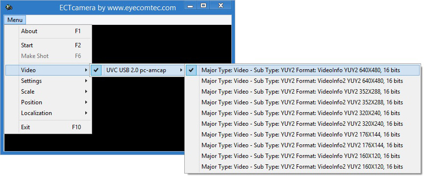 Selection of video capturing device and its mode