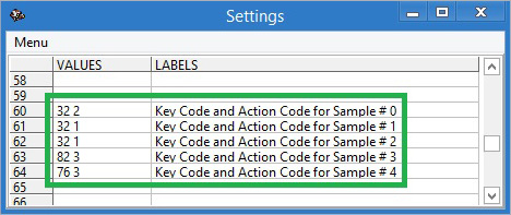 ECTtracker settings panel rows responsible for key codes
