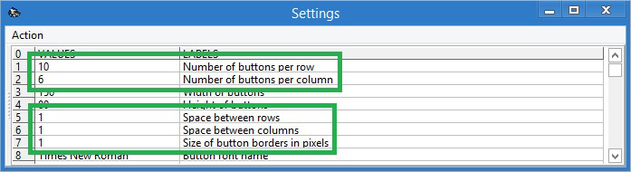 Changing amount of buttons per row and column and space size between buttons