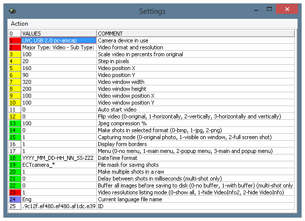 ECTcamera settings panel