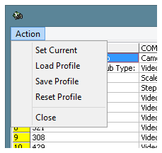 Action menu of the settings panel of the program