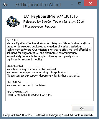 The About window for non-activated versions of the program