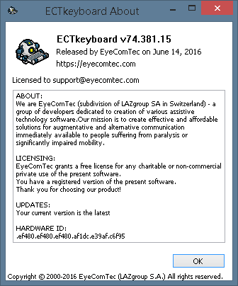 The About window for activated versions of the program
