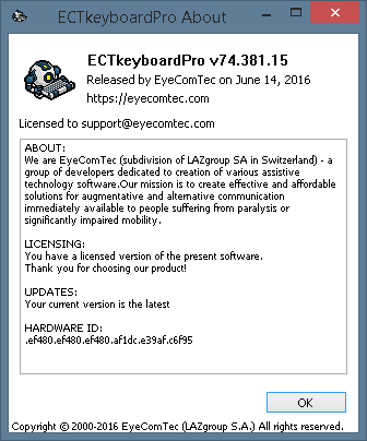 The About window for activated versions of the program
