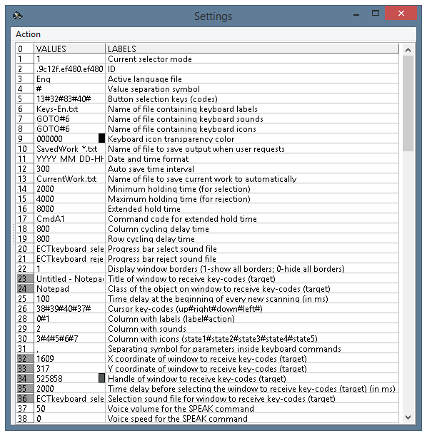 Program settings window, parameters 1-38