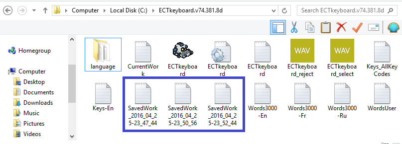 Files with texts typed in ECTkeyboard