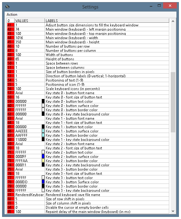 Program settings window, parameters 41-85