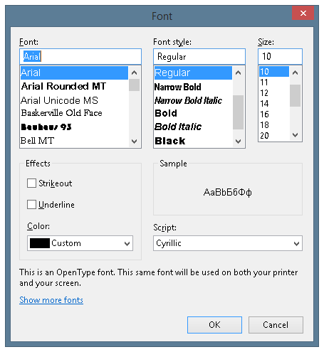 Font selection dialog window