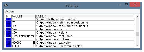 The settings window of the program, parameters 101-109