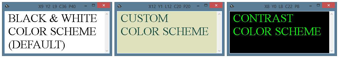 Various color schemes of the text output form