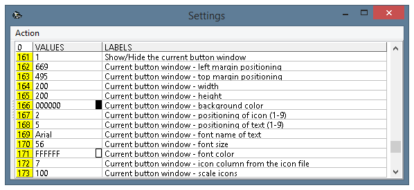 The settings window of the program, parameters 161-173