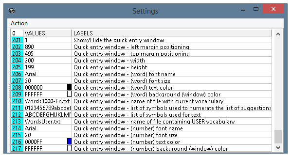 The settings window of the program, parameters 201-217