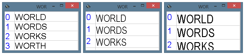 The quick entry window interface with different font sizes