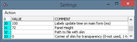 The settings panel of the program, parameters 30-33