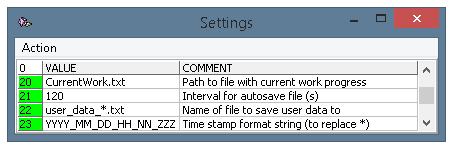 The settings panel of the program, parameters 20-23