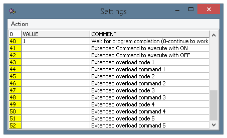 The settings panel of the program, parameters 40-52