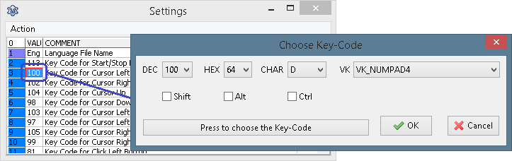Selecting keys for various mouse actions