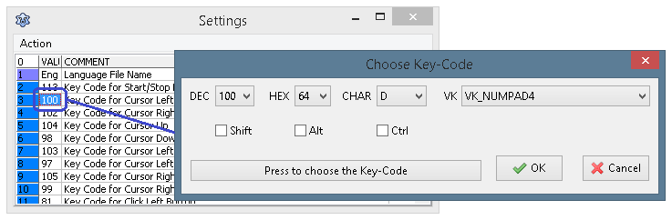 Selecting keys for various mouse actions