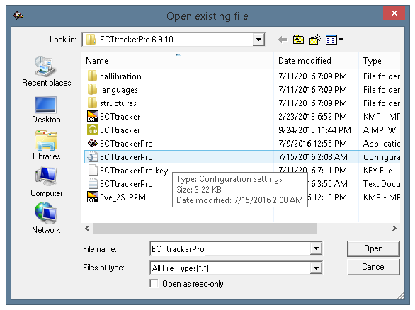 Loading configuration file for ECTtracker