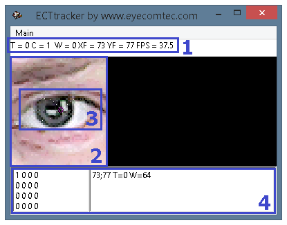 Positions of the debugging elements in the main window of the program. 1 – statistics, 2 – video output, 3 – recognition structure, 4 – list of recognized samples